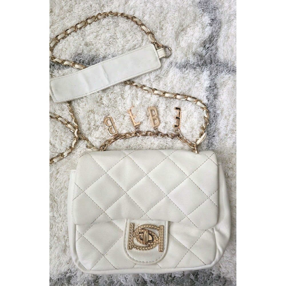 bebe LA White Faux-Leather Cross-body Quilted Gold Chain Letters Xbody Bag Purse